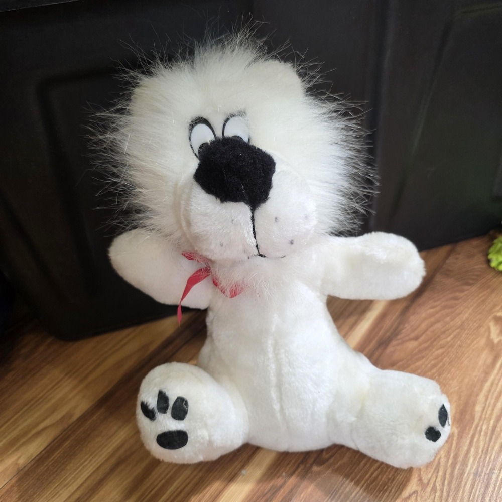 Vintage Liberty Toy Co White Lion Plush Stuffed Animal Toy Small Red Bow